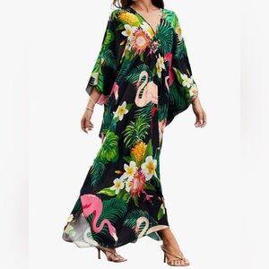 Tropical Black Floral Caftan Dress or Swim Cover-Up with palm trees and flamingo